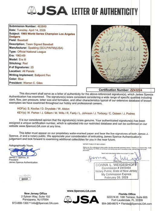 1965 Los Angeles Dodgers World Series Champs Team Signed Baseball JSA COA