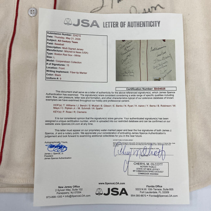 All Century Team Signed Jersey 15 Sigs With Ted Williams Willie Mays PSA & JSA