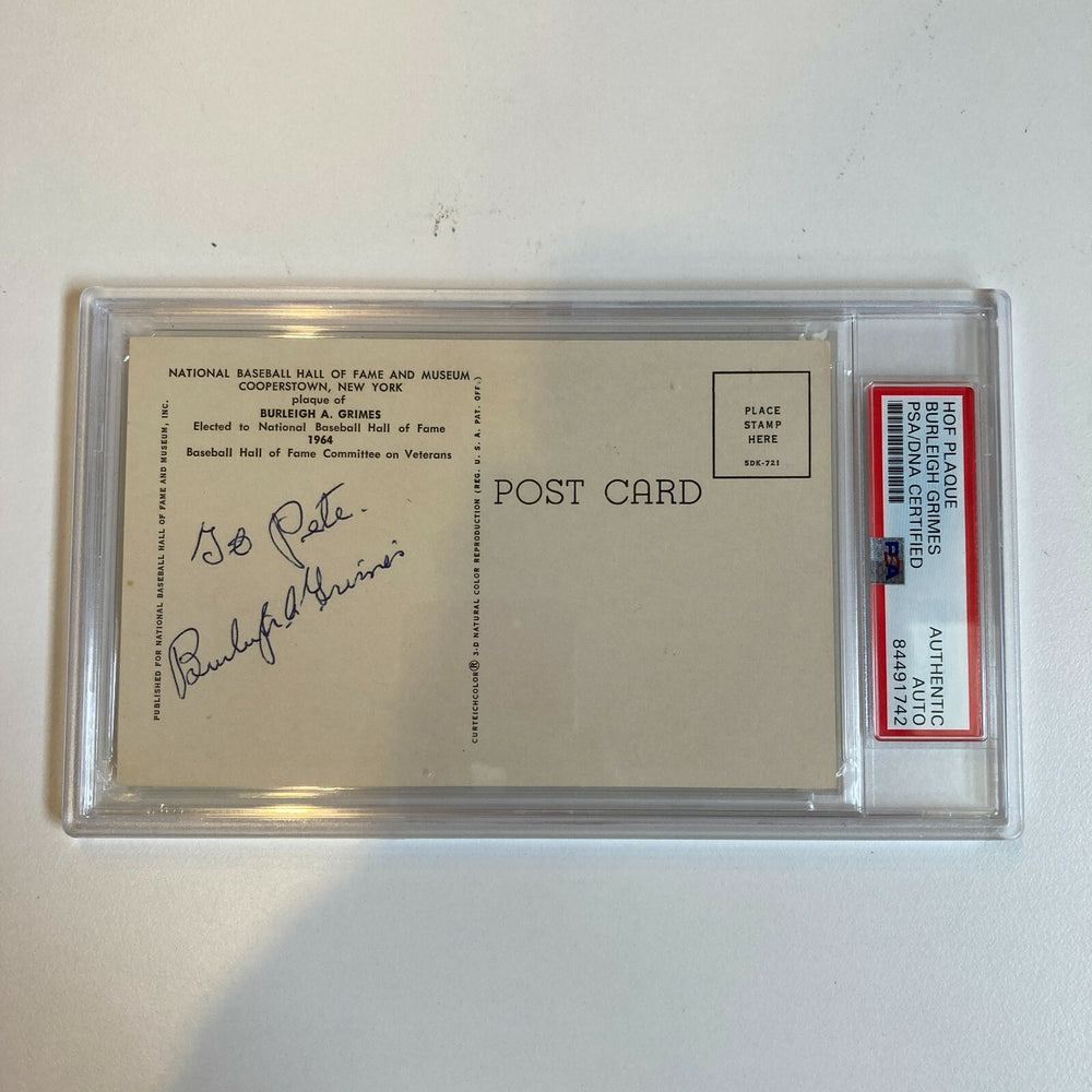 Burleigh Grimes Signed Autographed Hall Of Fame Plaque Postcard Photo PSA DNA