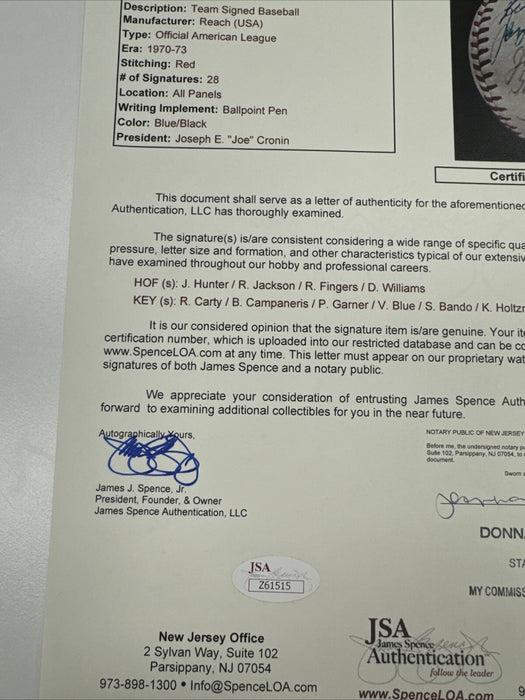 1973 Oakland A’s World Series Champs Team Signed Baseball JSA & Beckett COA