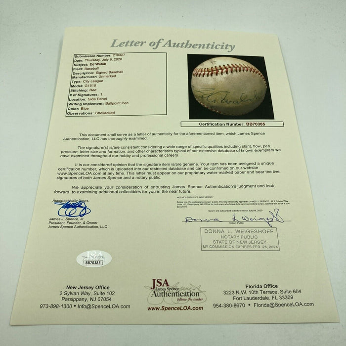 Rare Ed Walsh Single Signed Autographed Baseball With JSA COA Dec. 1959 HOF
