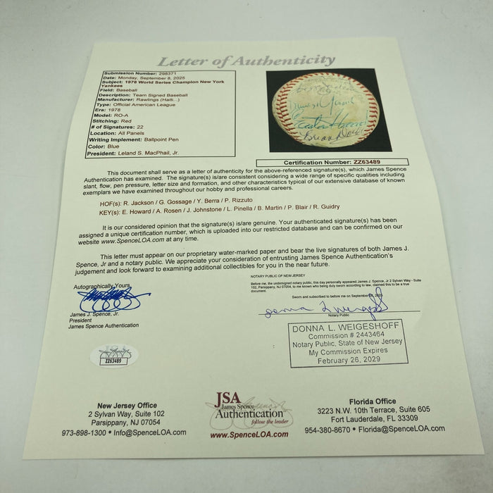 1978 Yankees World Series Champs Team Signed American League Baseball JSA COA
