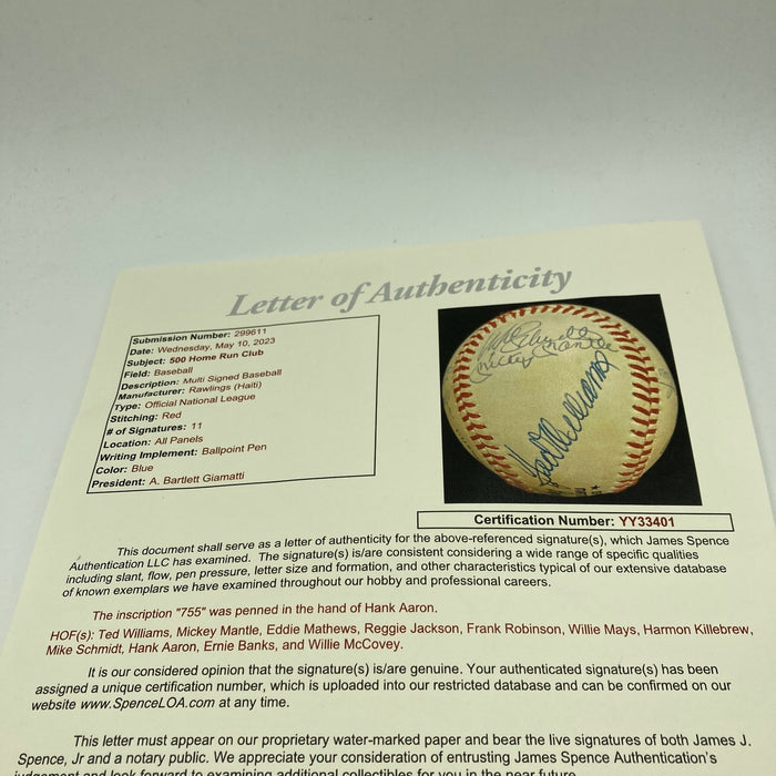 500 Home Run Signed Baseball Mickey Mantle Ted Williams Willie Mays 11 Sigs JSA