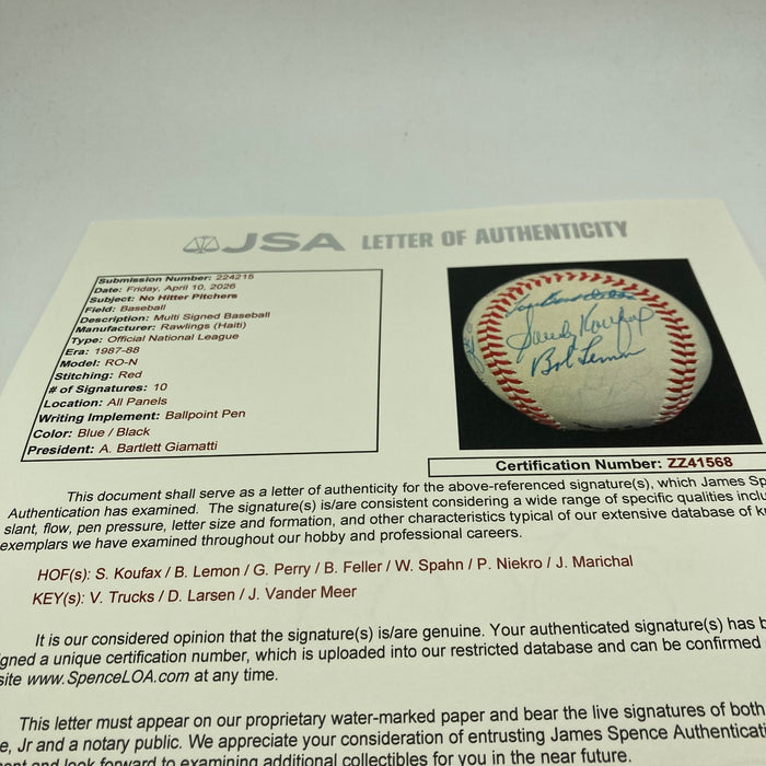 Sandy Koufax No Hitter Pitchers Multi Signed Baseball 10 Signatures JSA COA