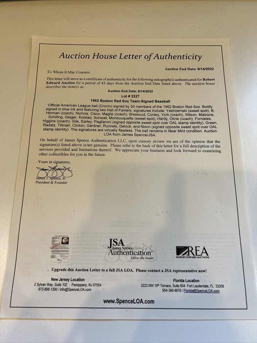 Beautiful 1962 Boston Red Sox Team Signed Official American League Baseball JSA