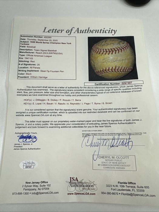 1949 New York Yankees World Series Champs Team Signed Baseball JSA COA