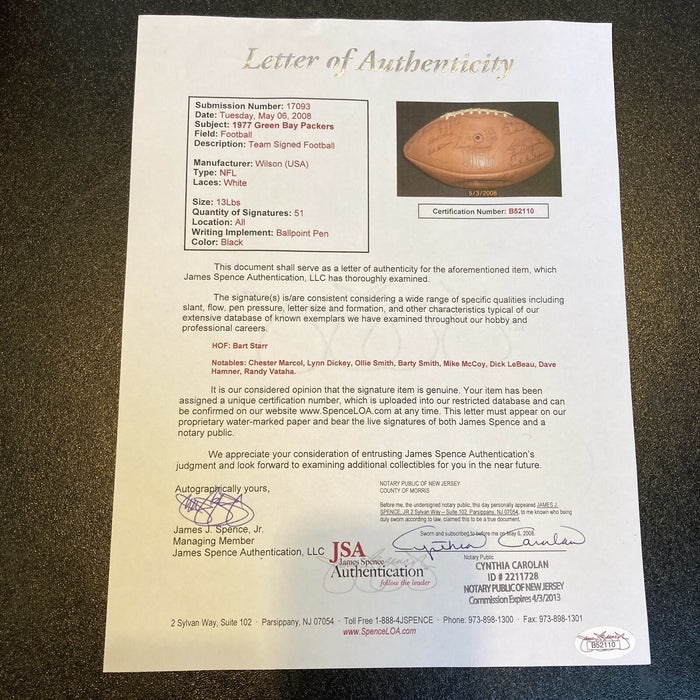 1977 Green Bay Packers Team Signed NFL Football 51 Sigs With Bart Starr JSA COA