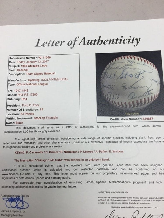 1948 Chicago Cubs Team Signed National League Ford Frick Baseball JSA COA