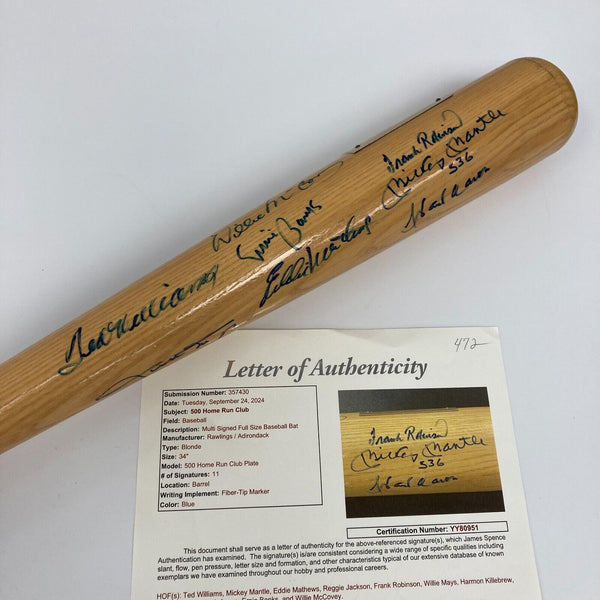 500 Home Run Club Signed Bat Mickey Mantle Ted Williams Willie Mays JSA COA