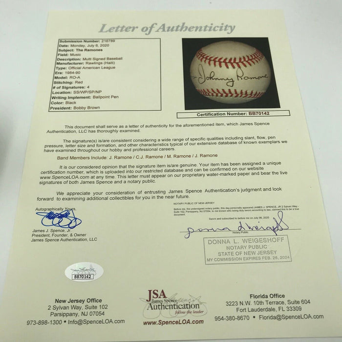 The Ramones Band Signed Baseball Johnny Ramone, Joey, Marky, C.J. JSA COA