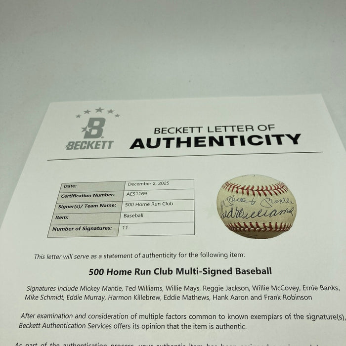 500 Home Run Signed Baseball Mickey Mantle Ted Williams Willie Mays 11 Sigs JSA