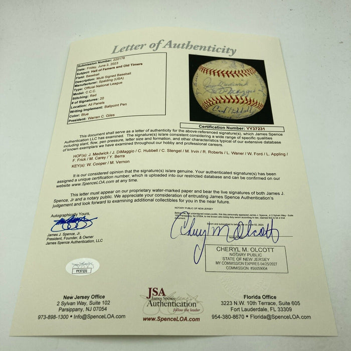 1950's HOF Multi Signed Baseball Joe Dimaggio Casey Stengel Ford Frick JSA COA