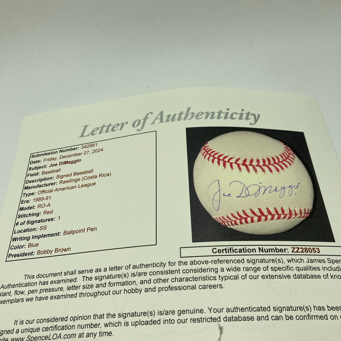 Mint Joe Dimaggio Signed Official American League Baseball JSA COA