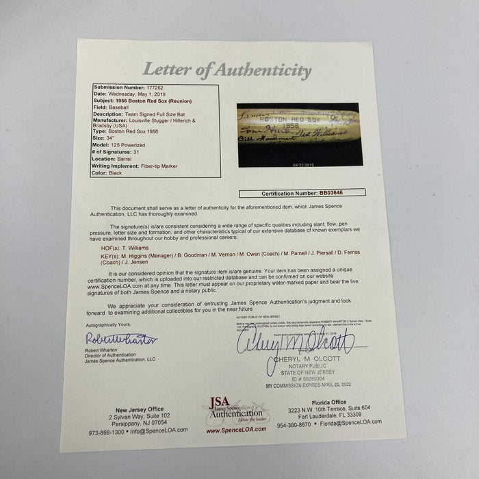 Ted Williams 1956 Boston Red Sox Team Signed Game Issued Baseball Bat JSA COA