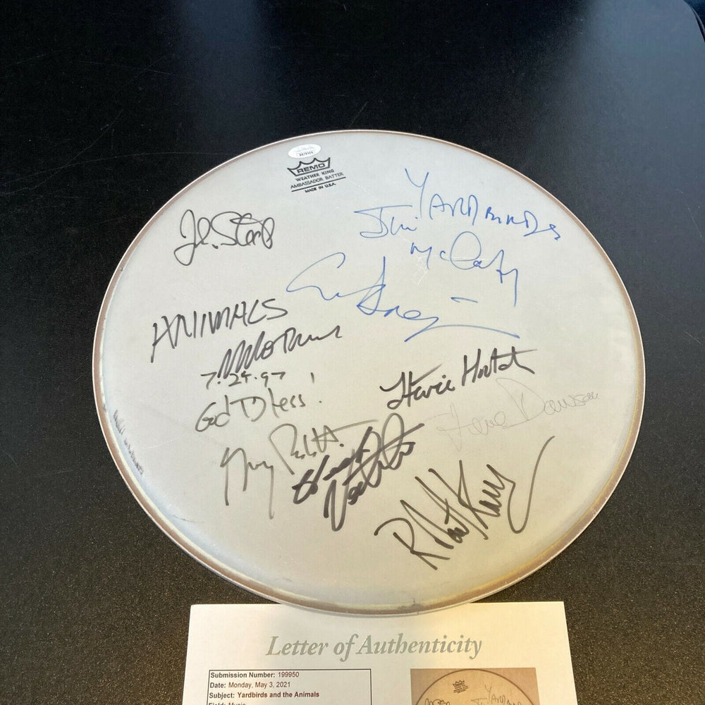 The Yardbirds & The Animals Bands Signed Drumhead JSA COA 9 Signatures