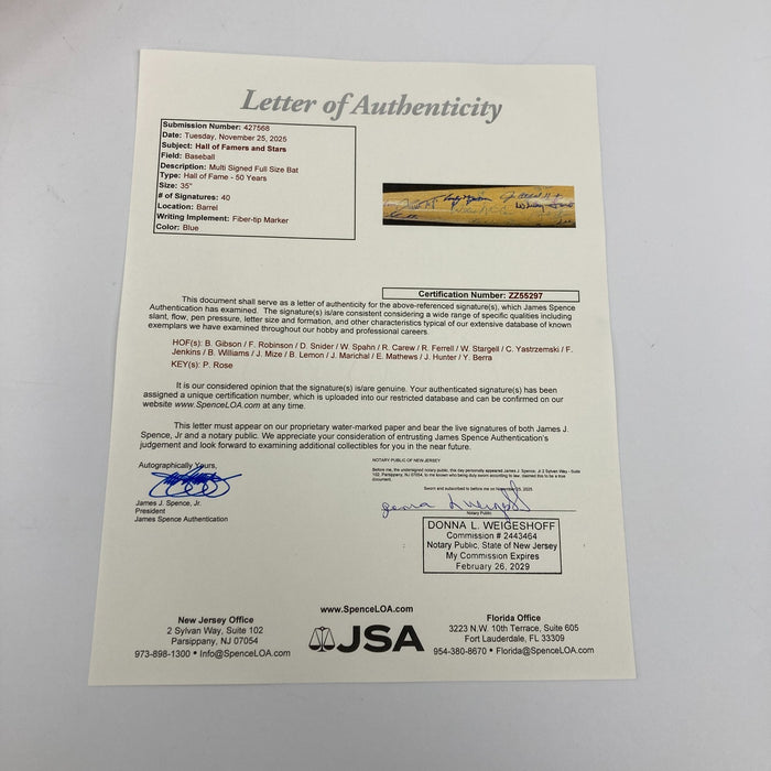 Hall Of Fame Multi Signed Cooperstown Baseball Bat 40 Sigs Willie Mays JSA COA