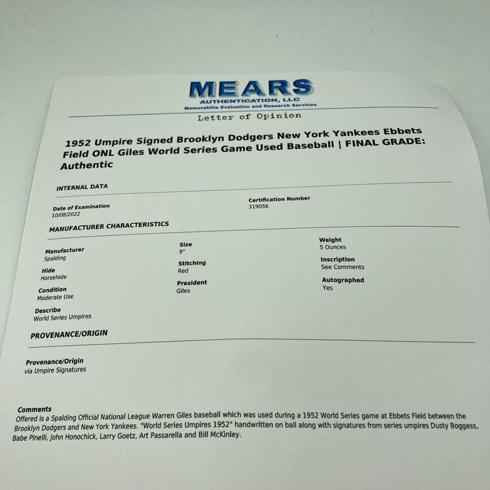 1952 World Series Signed Game Used Baseball Yankees VS. Dodgers MEARS COA