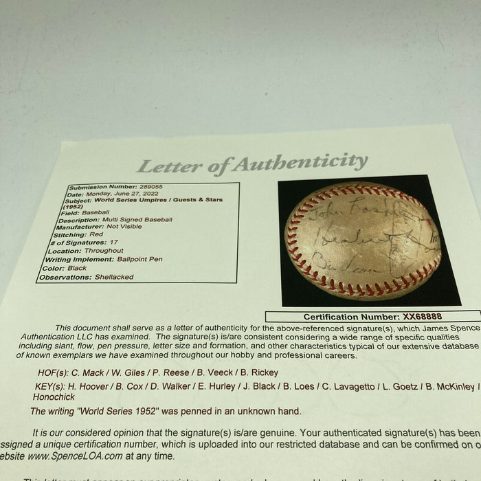 1952 World Series Game Used Baseball Signed By Attendees & Umpires JSA COA