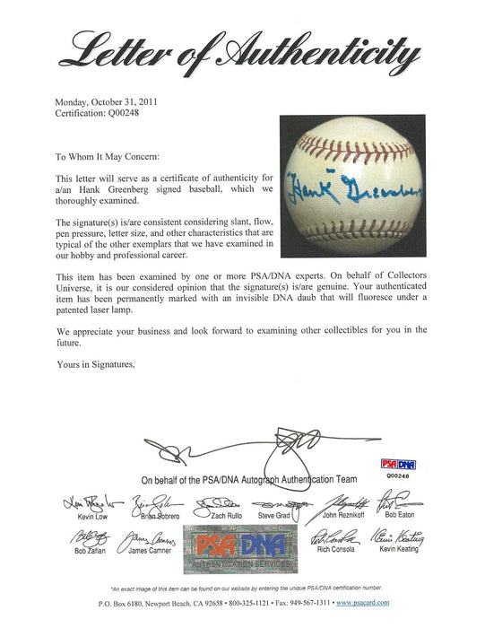 Hank Greenberg Single Signed Official League Baseball PSA DNA COA