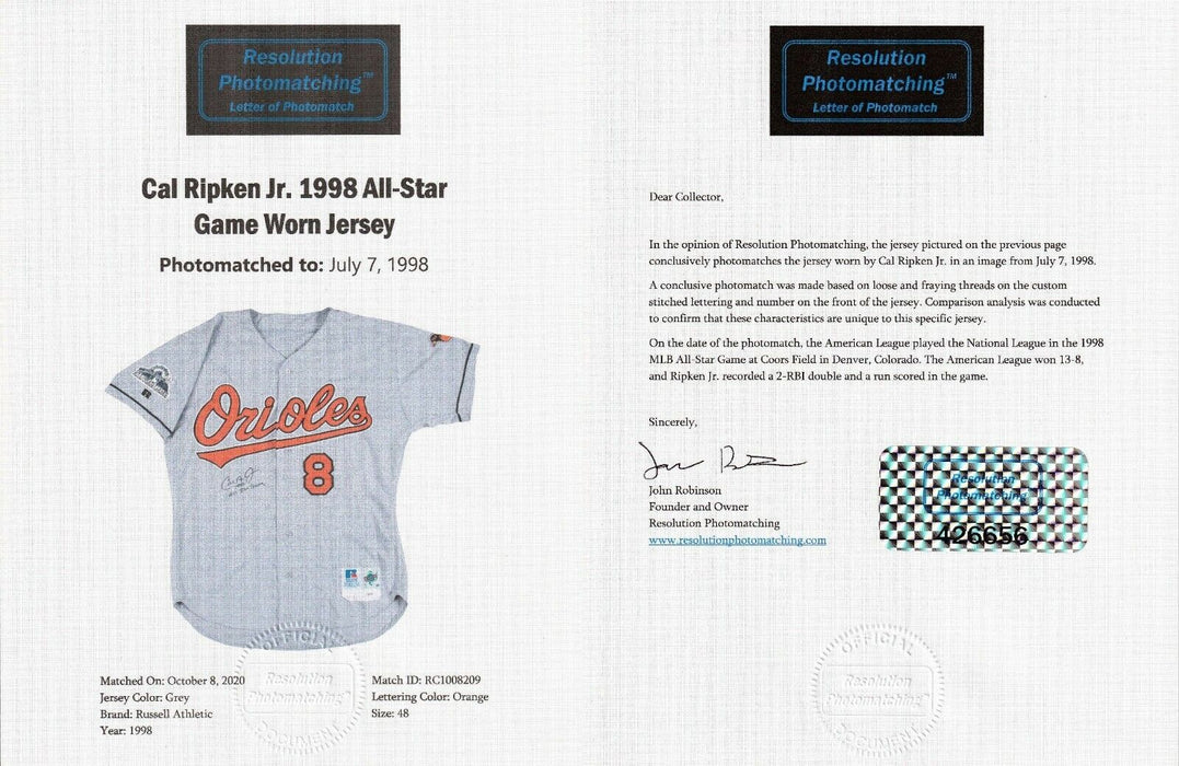 Cal Ripken Jr. 1998 Signed Game Used 1998 All Star Game Jersey & Pants JSA COA