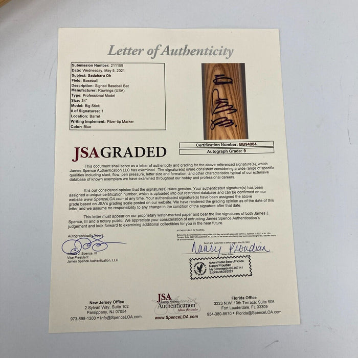 Sadaharu Oh Signed Autographed Baseball Bat JSA Graded 9 MINT