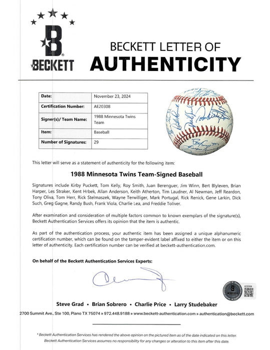 Kirby Puckett 1988 Minnesota Twins Team Signed AL Baseball Beckett COA