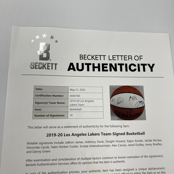 2019-2020 Los Angeles Lakers NBA Champs Team Signed Basketball Lebron James BAS