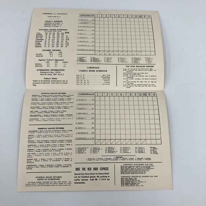 1955 St. Louis Cardinals and Cincinnati Reds Team Signed Scorecard Beckett COA