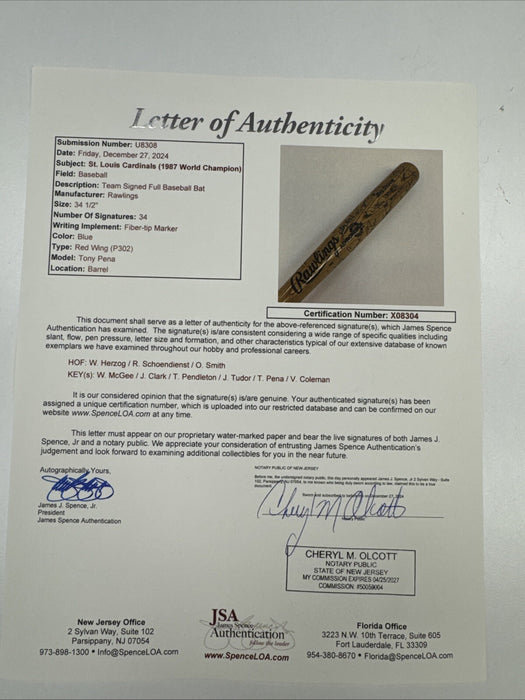 1987 St. Louis Cardinals NL Champs Team Signed World Series Game Issued Bat JSA