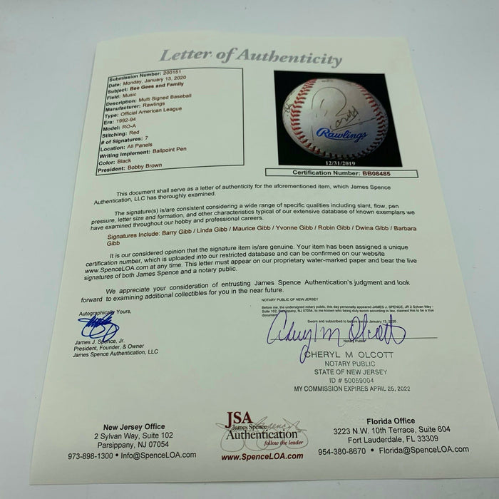 The Bee Gees Band Signed Baseball Entire Family With 7 Signatures JSA COA