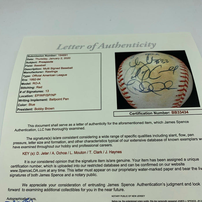 1994 Derek Jeter Pre Rookie Minor League Prospects Signed Baseball With JSA COA