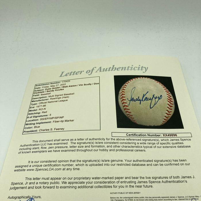 Vin Scully Sandy Koufax Don Drysdale Walt Alston Duke Snider Signed Baseball JSA