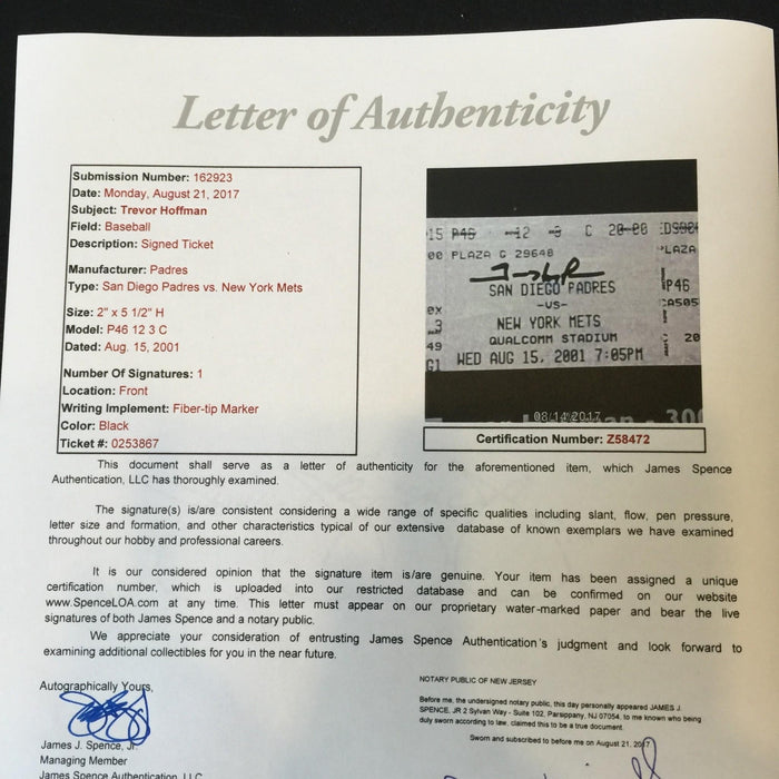 Rare Trevor Hoffman Signed 300th Save Ticket August 15, 2001 With JSA COA