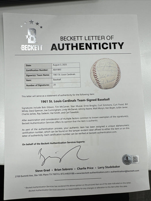 1961 St. Louis Cardinals Team Signed National League Baseball Musial Beckett COA