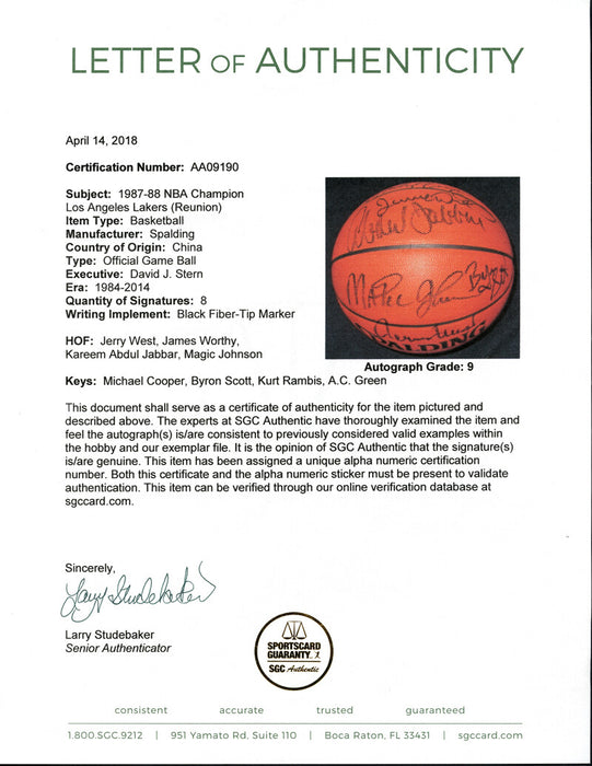 1987-88 Los Angeles Lakers Champions Team Signed NBA Game Basketball UDA