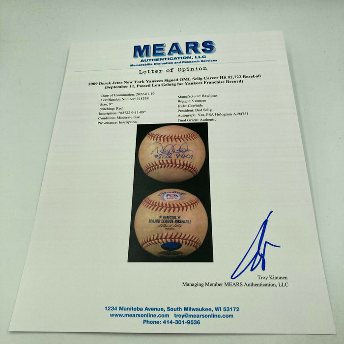 Derek Jeter Hit #2,722 Yankees All Time Leader Signed Game Used Baseball PSA DNA