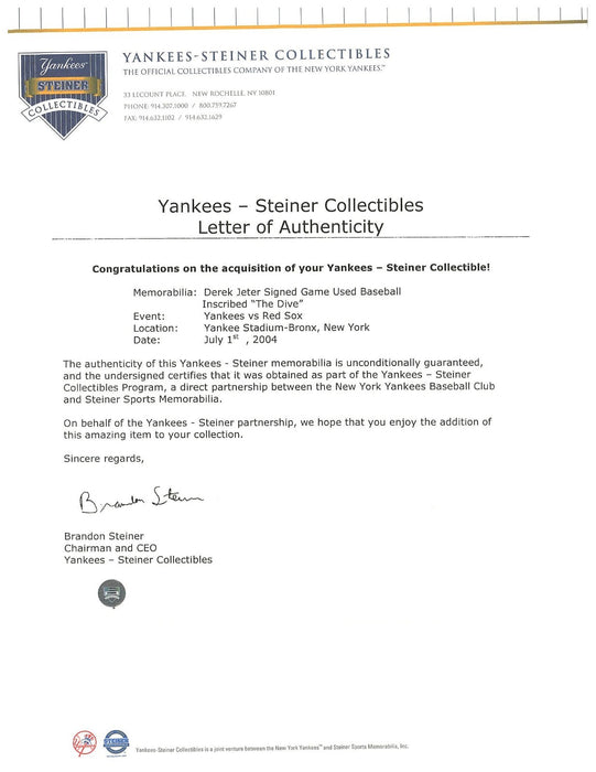 Derek Jeter "The Dive" Game Signed Game Used Baseball July 1, 2004 Steiner COA