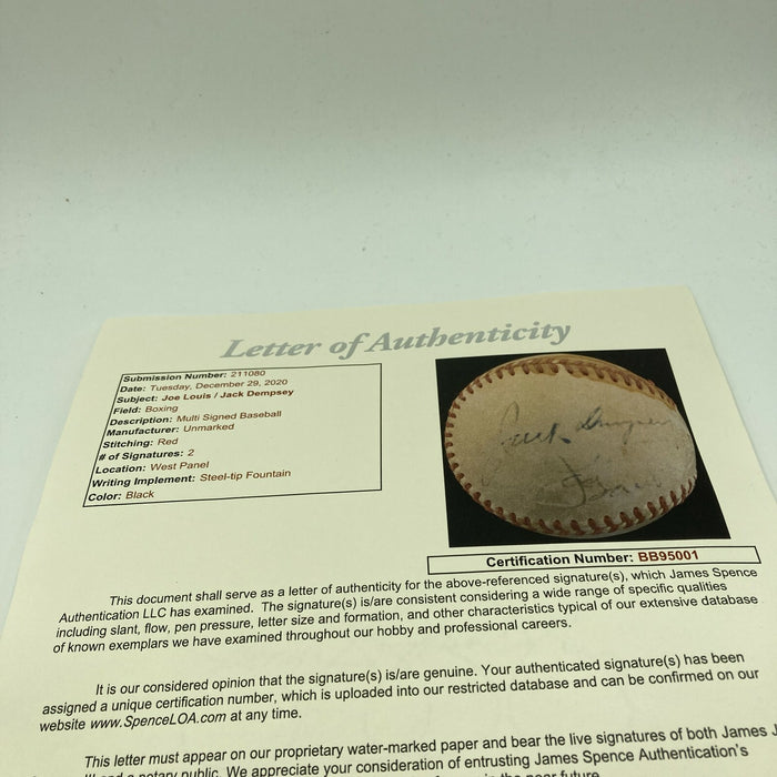 Extraordinary Joe Louis & Jack Dempsey Boxing Legends Signed Baseball JSA COA