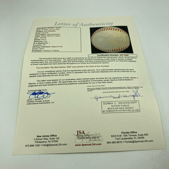 Don Drysdale Signed 1984 National League Baseball JSA COA