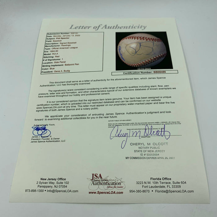 Phil Spector Single Signed Autographed American League Baseball With JSA COA