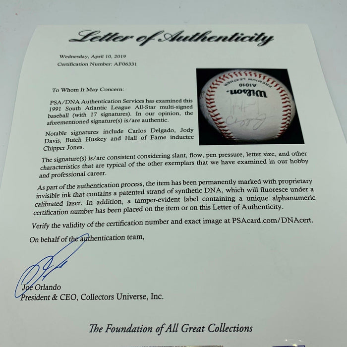 Extraordinary 1991 Chipper Jones Pre Rookie All Star Team Signed Baseball PSA