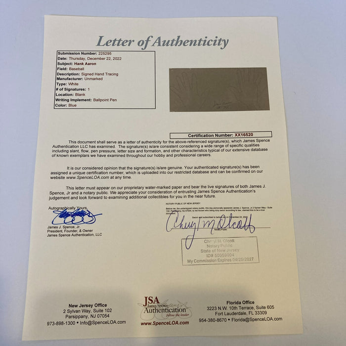 Hank Aaron Signed Large 15x24 Actual Hand Tracing With JSA COA Very Rare