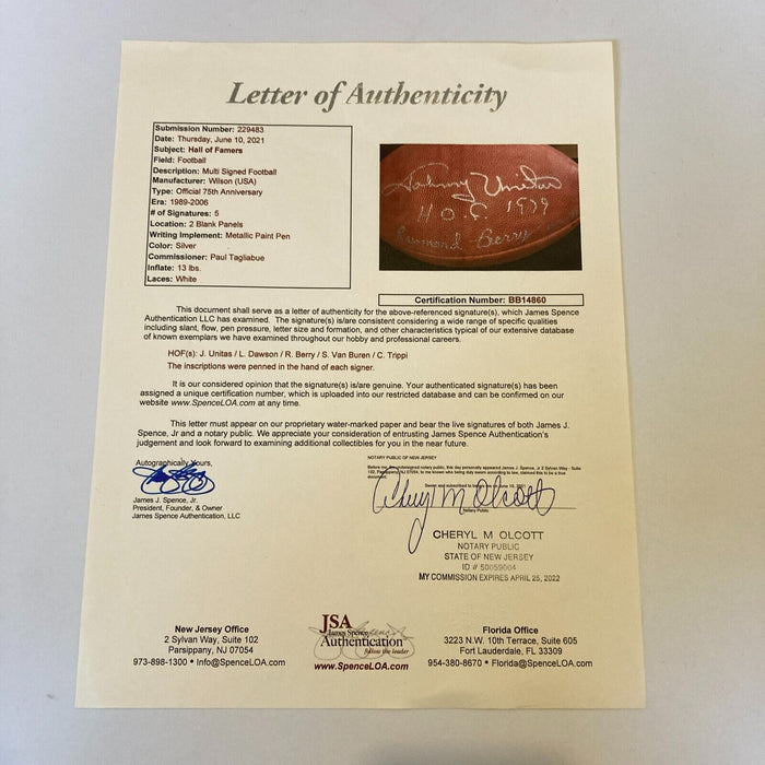 Johnny Unitas HOF 1979 Len Dawson HOF 1987 Multi Signed NFL Football JSA COA