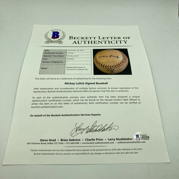 Mickey Lolich Signed Career Save No. 3 Final Out Game Used Baseball Beckett COA