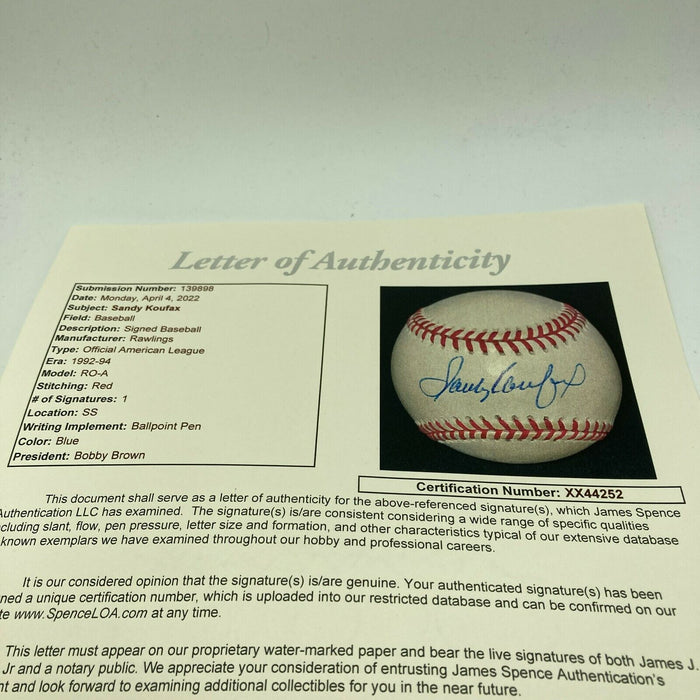 Nice Sandy Koufax Signed American League Baseball With JSA COA