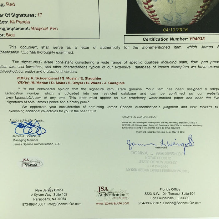 1946 St. Louis Cardinals World Series Champions Team Signed Baseball JSA COA