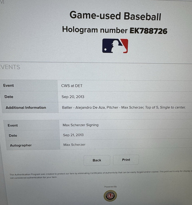 Max Scherzer 20th Win Signed Game Used Baseball Sep 20, 2013 MLB Authentic Holo