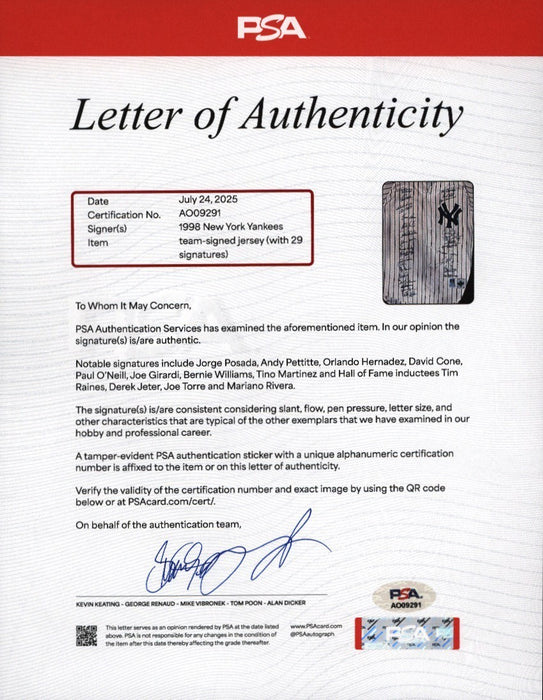 1998 New York Yankees Team Signed World Series Jersey Derek Jeter PSA DNA COA