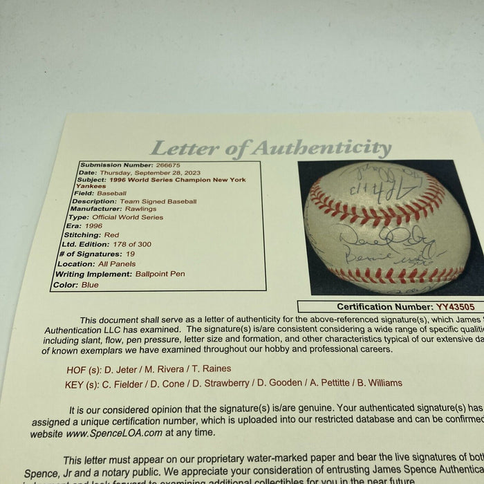 1996 Yankees Team Signed World Series Baseball Derek Jeter Mariano Rivera JSA