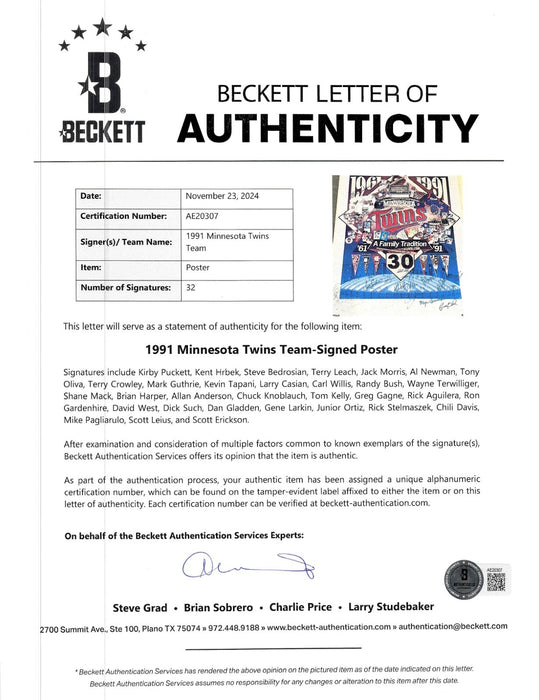 1991 Minnesota Twins World Series Champs Team Signed 18x24 Poster Beckett COA